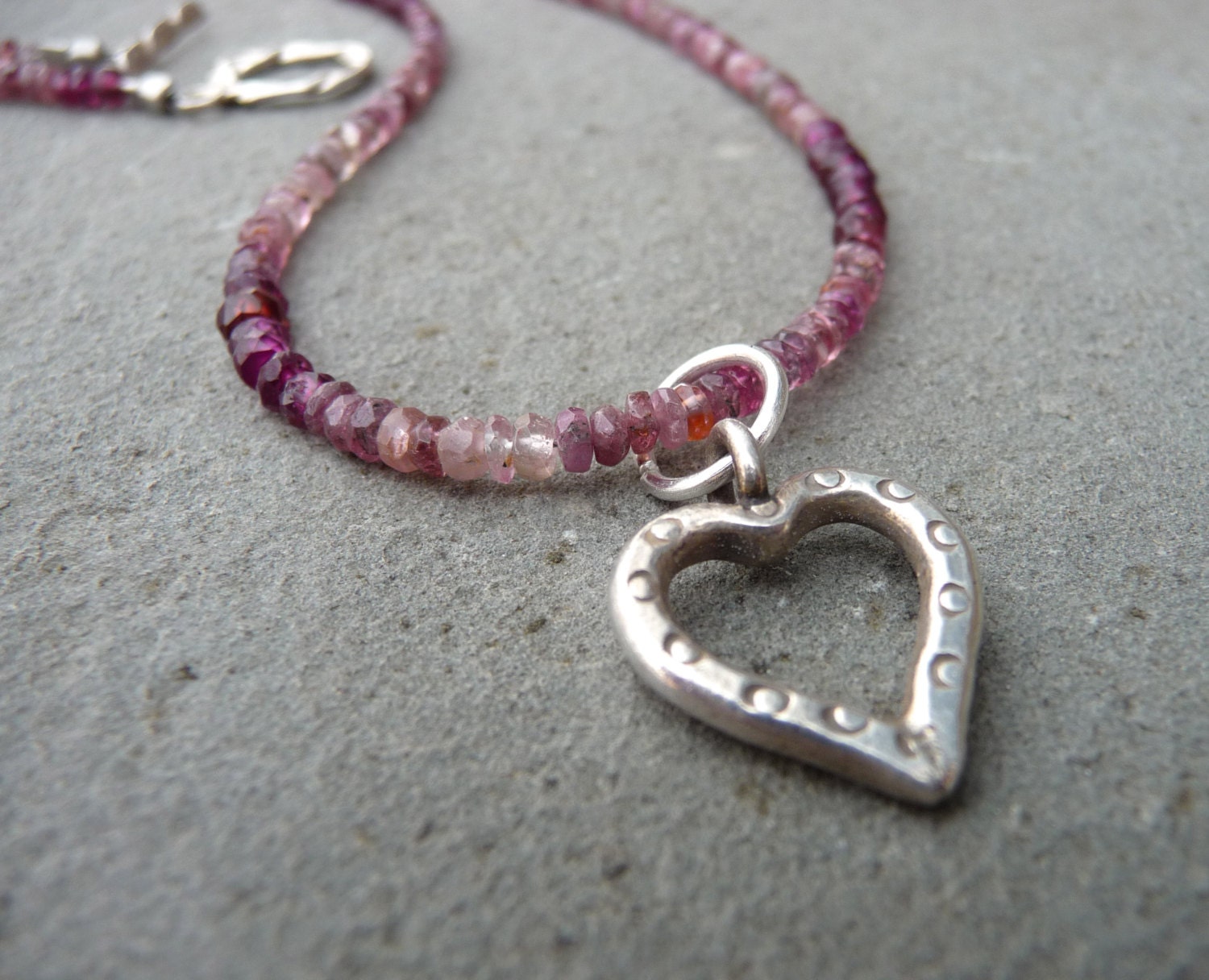 Valentine's Day Pink Tourmaline and Garnet Sterling Heart Necklace - StringerBs