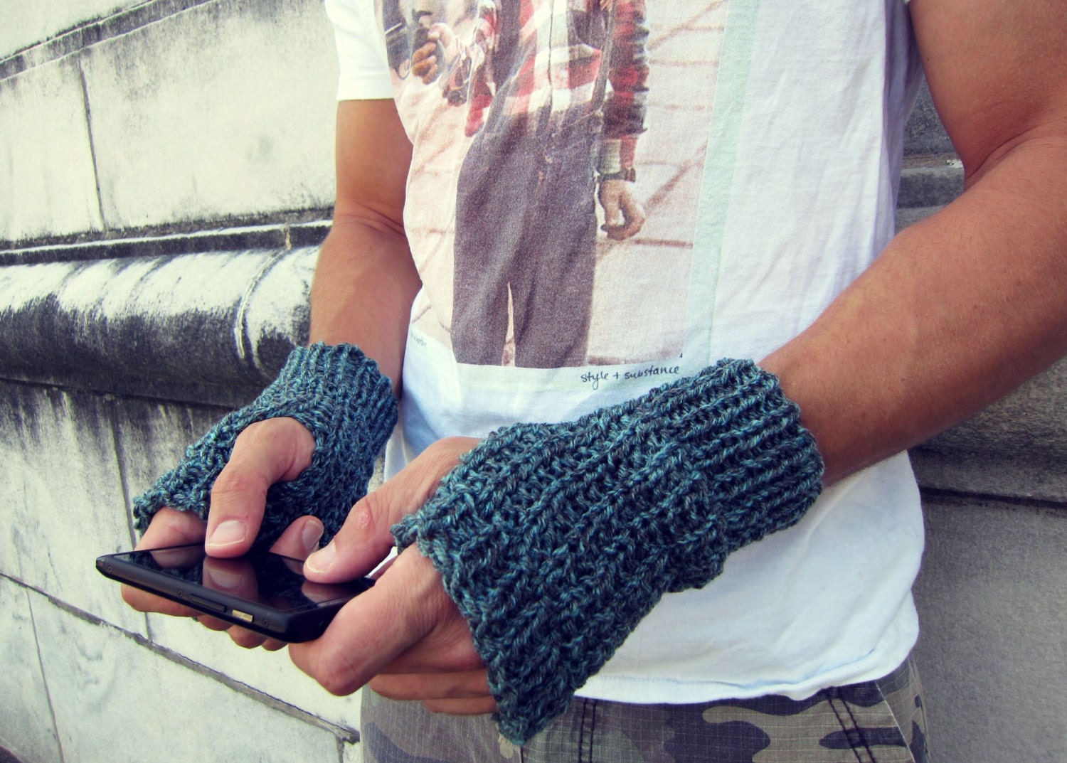 Mens Fingerless Gloves Blue Knit - Unisex Fingerless Gloves Large Fingerless Gloves Tweed Crochet - AutumnAndAmber