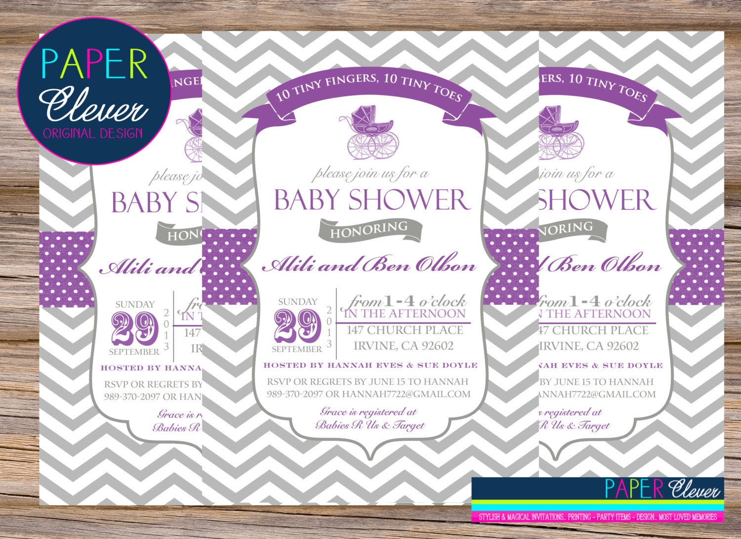 Girls baby shower invitations purple, carriage, - digital file, printable #178 Il_570xn