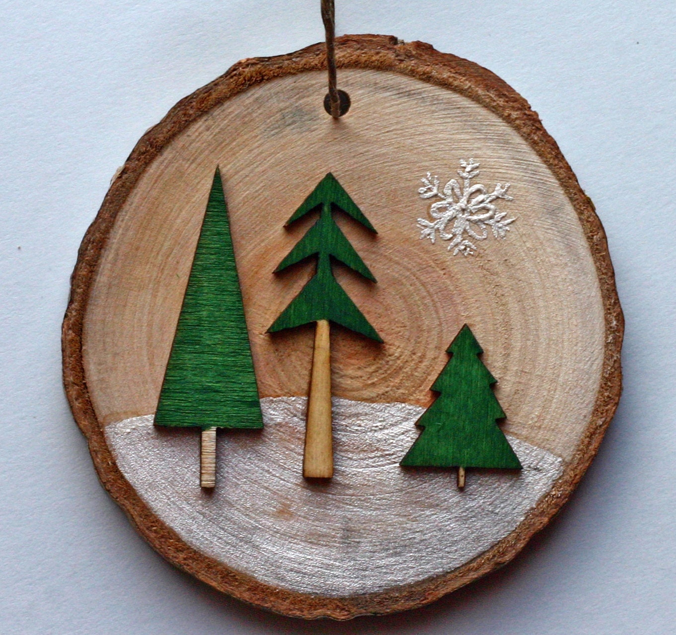 Winter scene on birch wood birch tree slice, green trees in snow, woods, natural, ornament, green and brown, snow, three dimensional - DeborahMcGeeArt