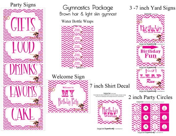 INSTANT DOWNLOAD Printable Gymnastics Package with brown hair and light skin gymnast...by Party Like Paula Il_570xn
