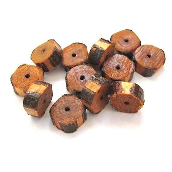 Handmade Artisan Beads - Hand Carved Wood - Bark On Wooden Beads - Rough Cut Rondelles - 12 Pieces - RoughMagicals