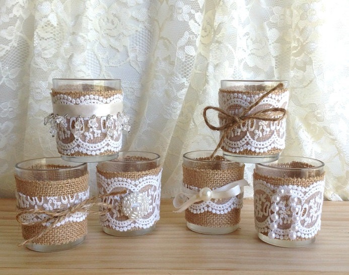 burlap and lace covered 6 votive tea candles, country chic  wedding decoration, bridal shower decor or home decor
