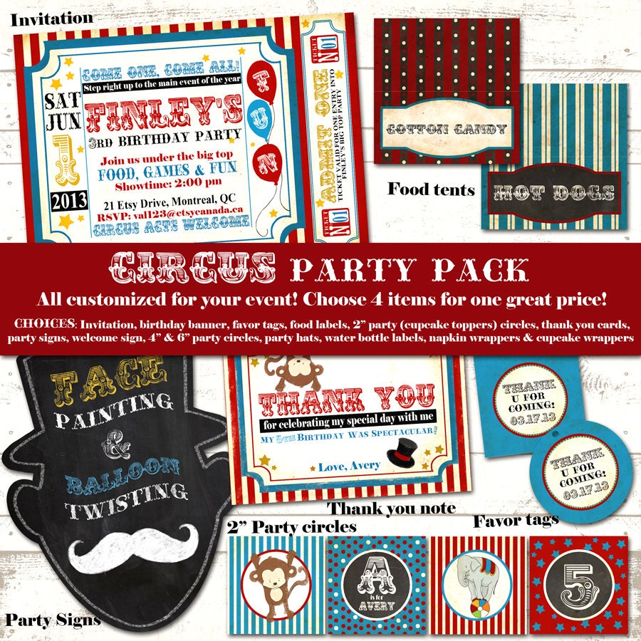 Circus Birthday Party Pack - Vintage Inspired / Retro Circus Carnival - Custom, Printable - Blackboard, Mustache - Choose 4 items Il_570xn