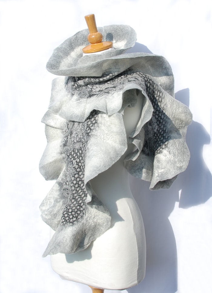 Felted scarf   felt ruffle scarf merino wool nunofelt  fiber art gift nuno felt gray grey white - AnnaWegg