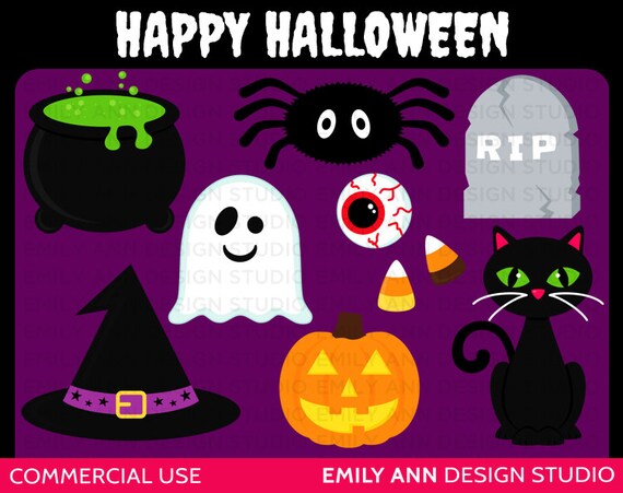 Halloween Witch Cauldron Ghost Spider Black Cat Cute Clip Art - Commercial Use - Scrapbooking Invitations Cards - Instant Download Il_570xn
