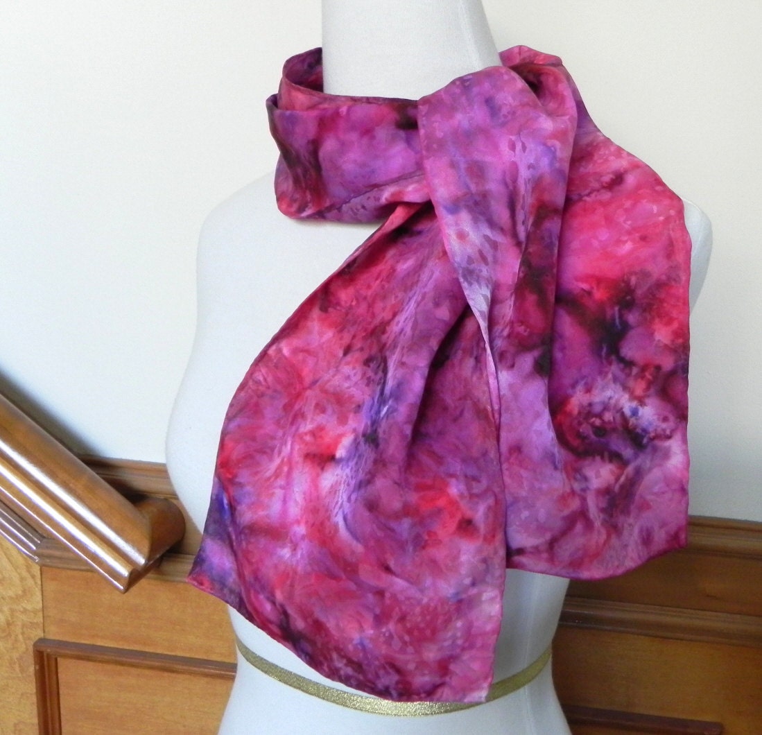 Long Jacquard Silk Scarf Hand Dyed in Shades of Red and Purple, Ready to Ship - RosyDaysScarves