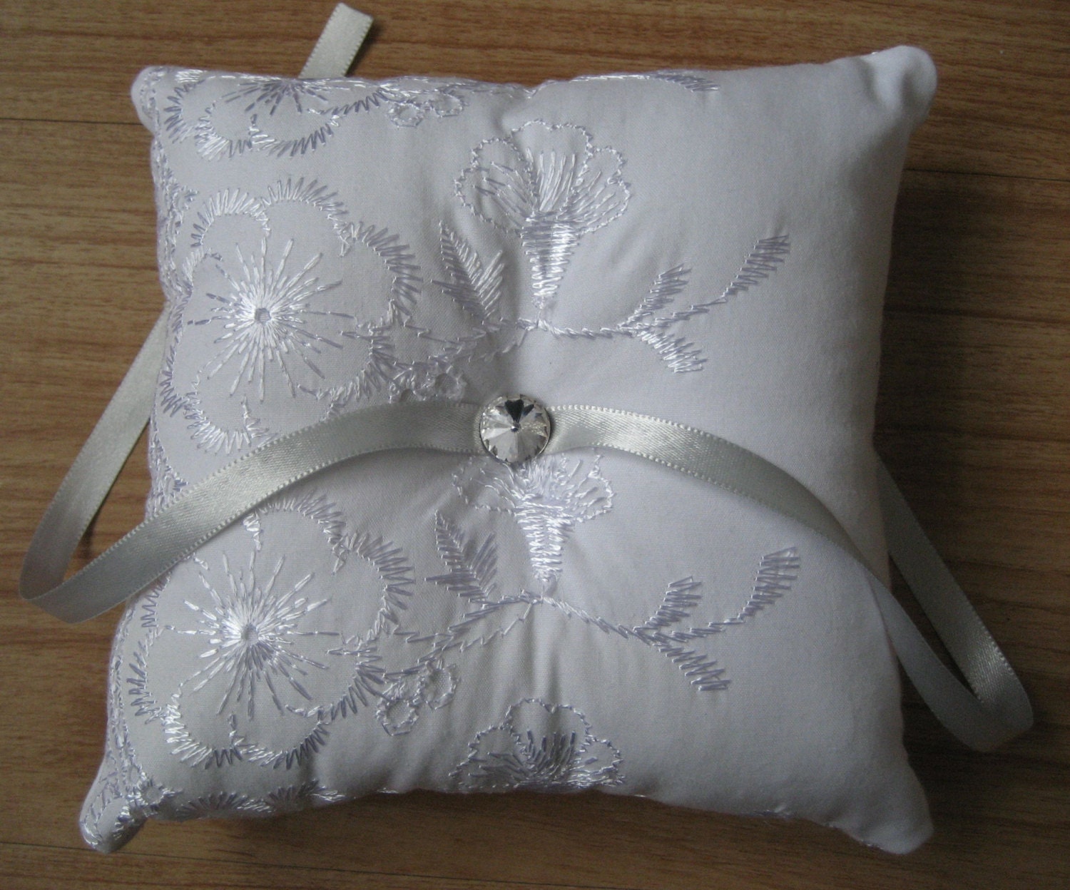 White and Silver Ring Bearer Pillow with Embroidery