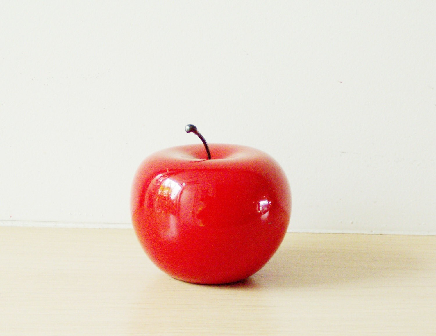 Red apple sculpture, ceramic apple in bright red, earthenware clay red apple with black, metal stem - ArktosArt