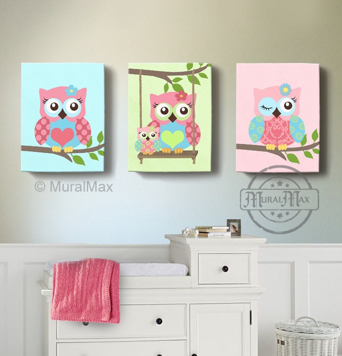 Girl Room Decor - OWL canvas art, Baby Nursery Owl Canvas Set