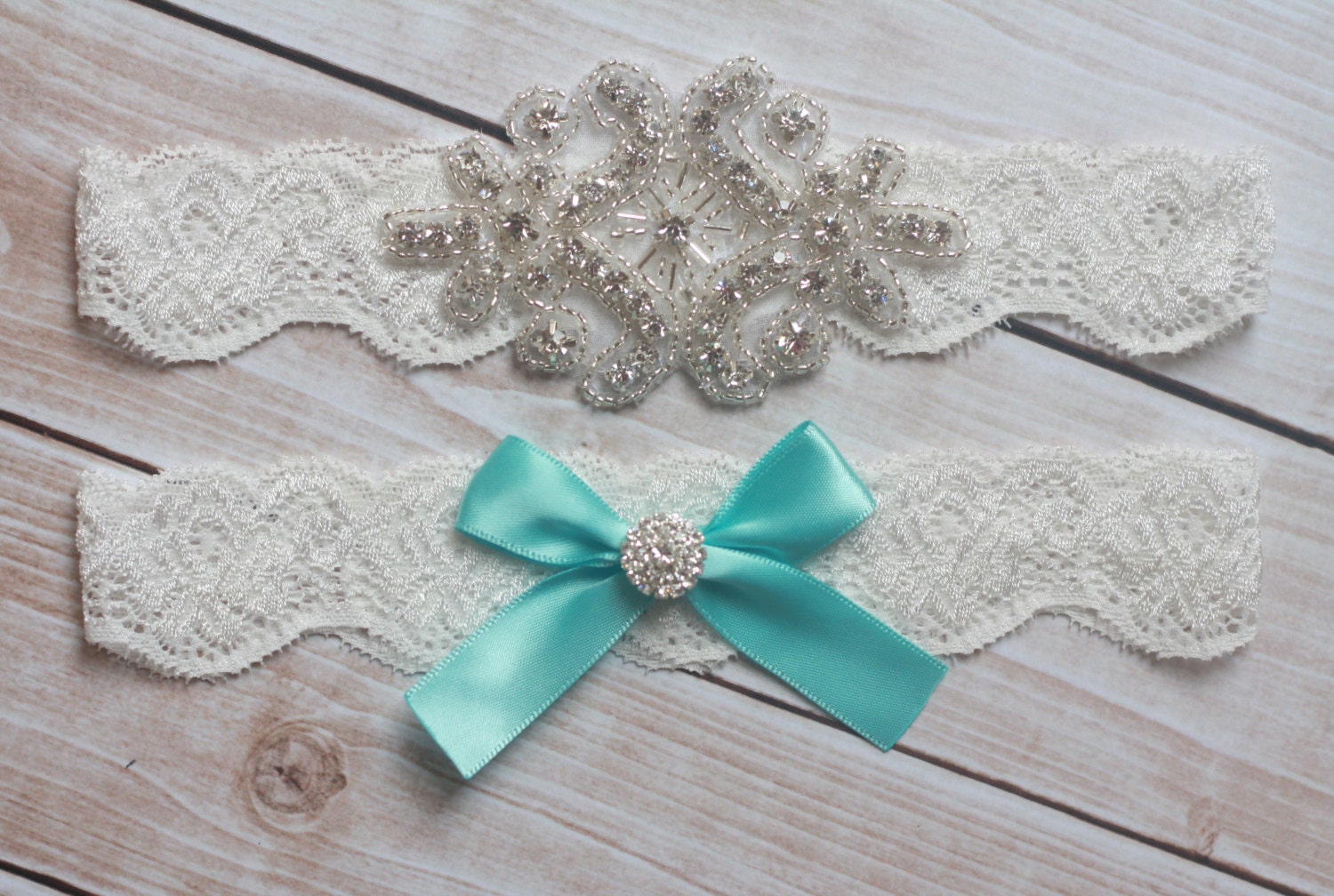 Tiffany Blue Wedding Garter - Aqua Rhinestone and Crystal Garter - Ivory Lace