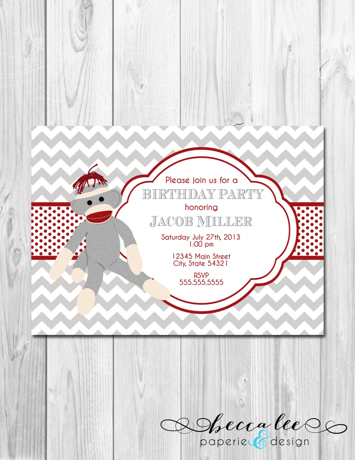 Sock Monkey Theme Birthday Party Invitation - Red, Cream & Grey - DIY - Printable Il_570xn