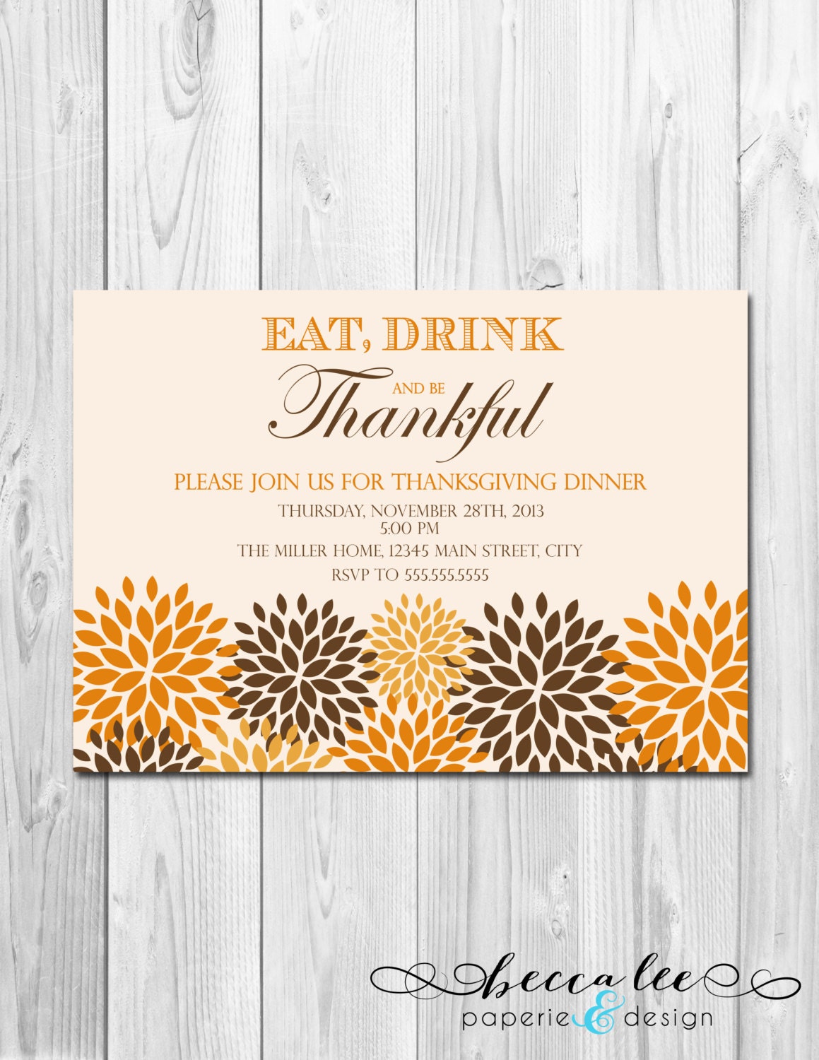 Eat, Drink and Be Thankful Thanksgiving Party Invitation - Fall Flowers - DIY - Printable Il_570xn