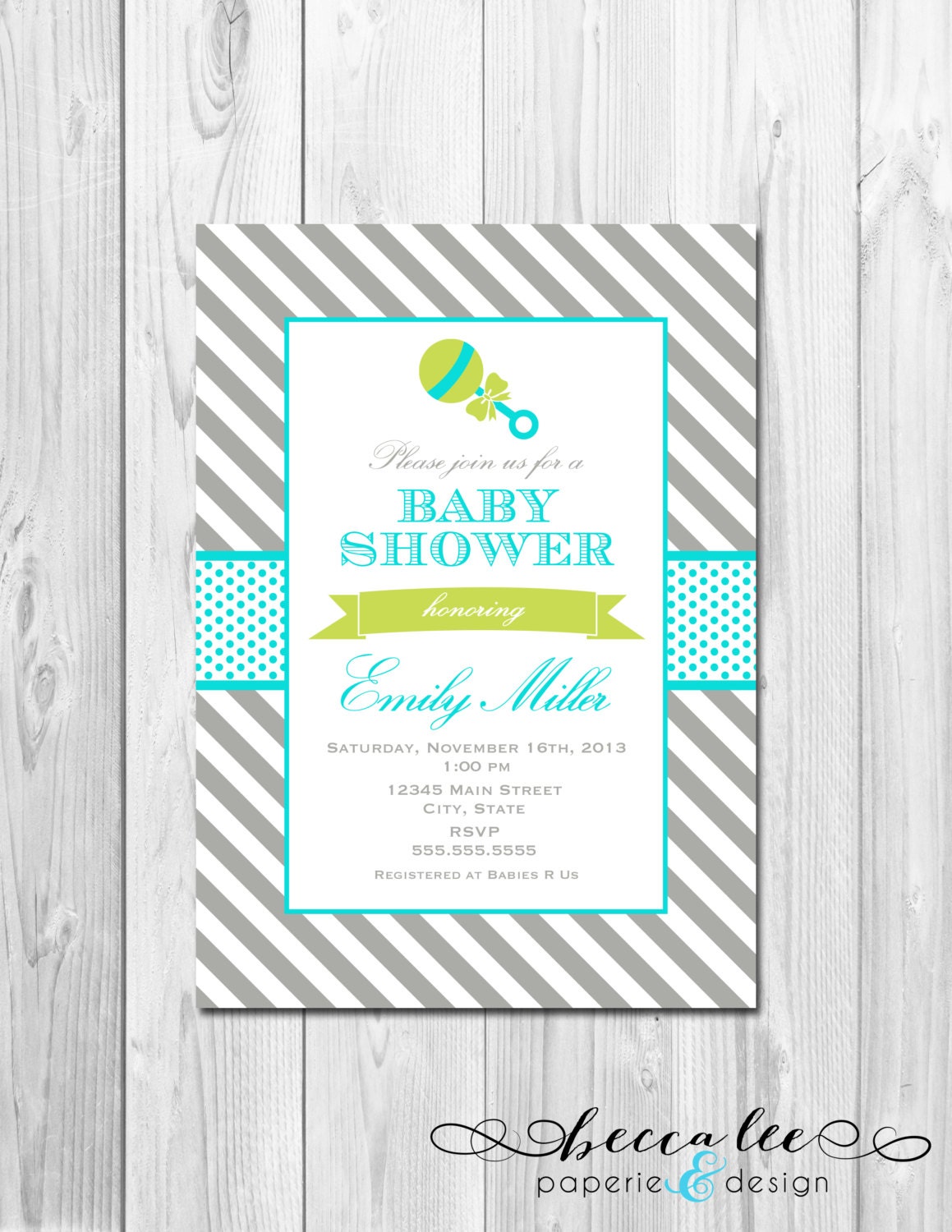 Rattle Baby Shower Invitation - Green and Blue with Grey Stripes - DIY - Printable Il_570xn