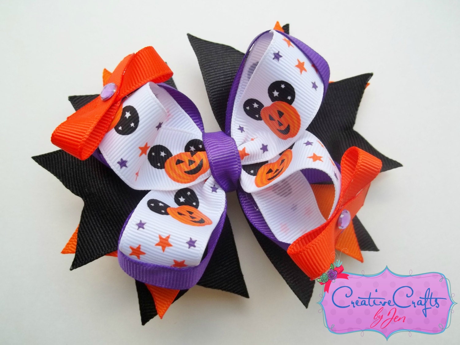 Pumpkin Mickey Halloween Stacked Boutique Bow - Alligator Clip, Orange, Black, Purple, Mini Bow, Rhinestone, Ribbon, Holiday, Costume - CreativeCraftsByJen