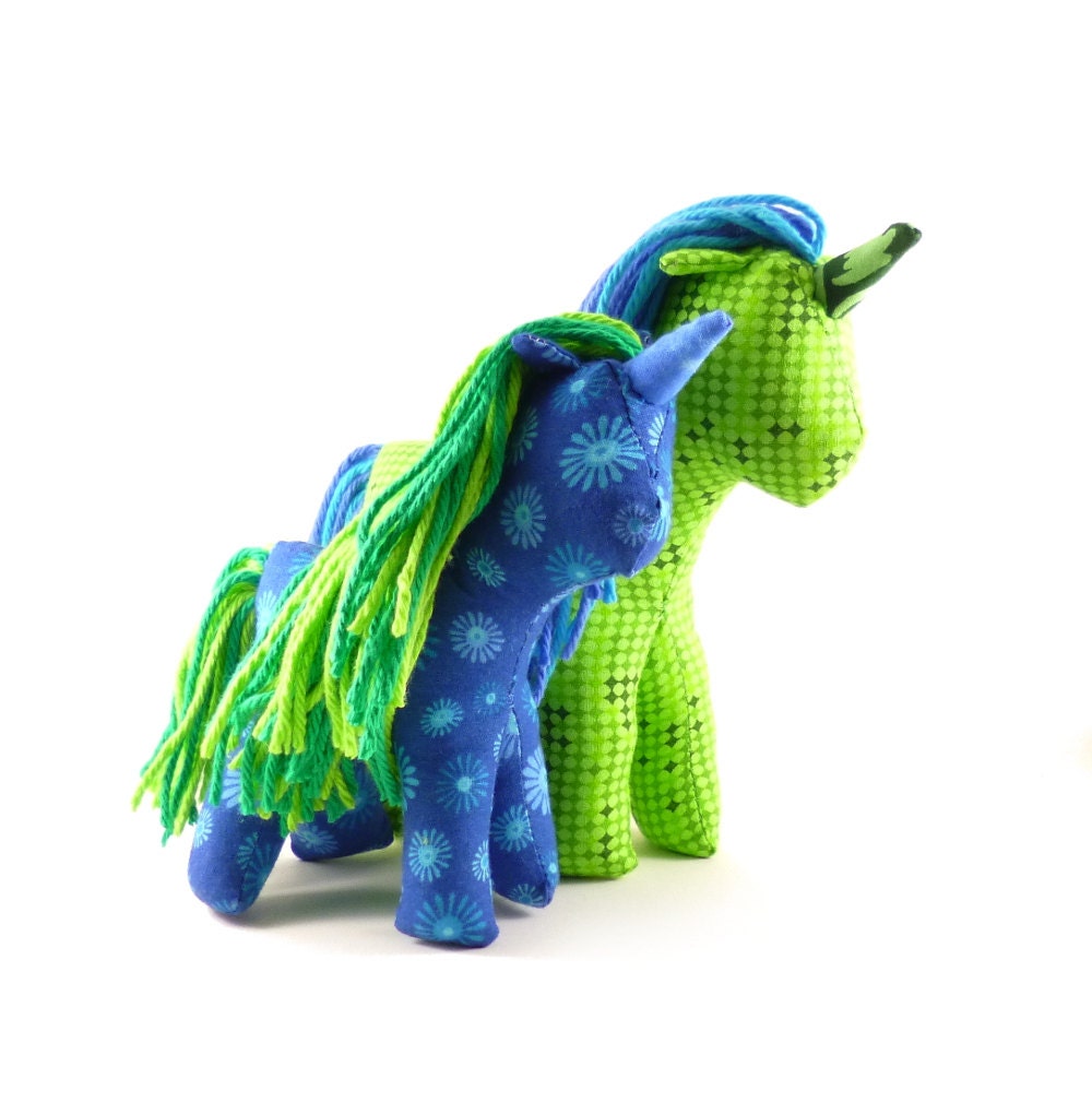 Green and blue toy unicorn family, mommy and baby unicorn, stuffed animal, plush unicorn family, - IndigoSews