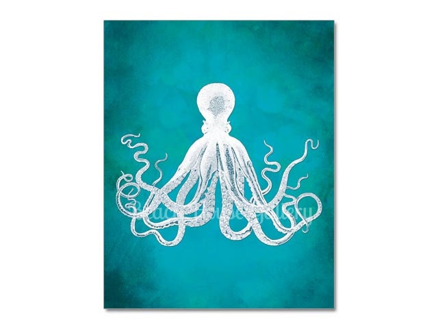 Teal Octopus, Octopus Print, Living Room Wall Art,  Vintage Octopus Wall Art, Lord Bodner Octopus, Nautical Decor, Living Room Decor