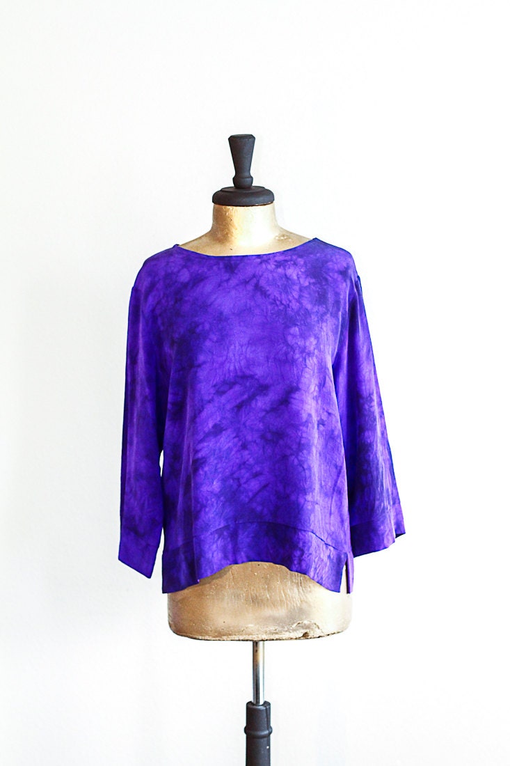 Vintage Silk Shirt / Purple Blouse / Tie Dye / Women's Size Medium