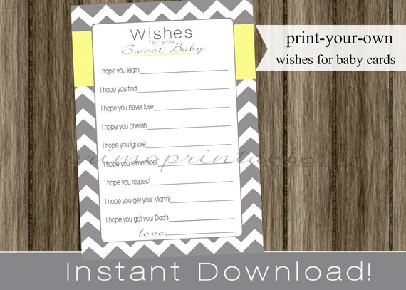 Wishes for Baby Cards neutral yellow and gray chevron INSTANT DOWNLOAD diy digital printable file print your own Il_570xn