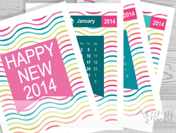 Printable calendar 2014, monthly calendar, merry multi colored wavy background, letter size, DIY, instant download, 8.5"x11" PDF, PNG files Il_570xn