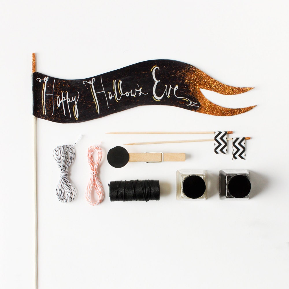 12" Black,Silver, Gold & Orange Hand Lettered Halloween Cake Topper Flag, Happy Hallow's Eve, Halloween Banner, Party, Wedding, Birthday,