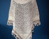 granny crochet women poncho for the summer, 100% cotton, white with shades of beige ,  decorative edge, one size fits all - kleinedromen