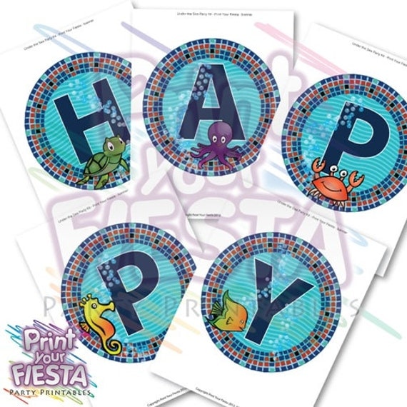Under the Sea printable Happy Birthday banner - fish, turtle, octopus, jellyfish, seahorse, crab, starfish, dolphin Il_570xn