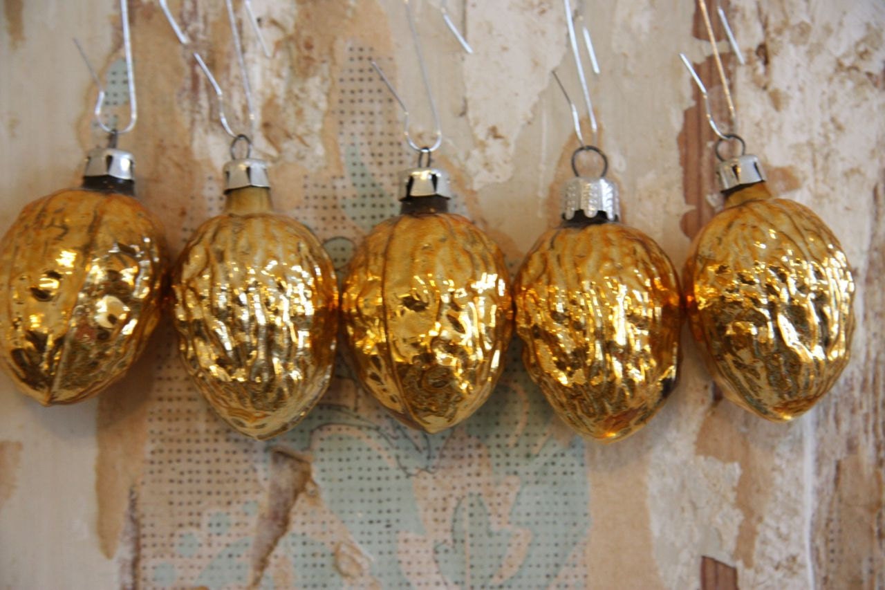 Two Golden Walnut Ornaments - Mercury Glass - RetroKombinat
