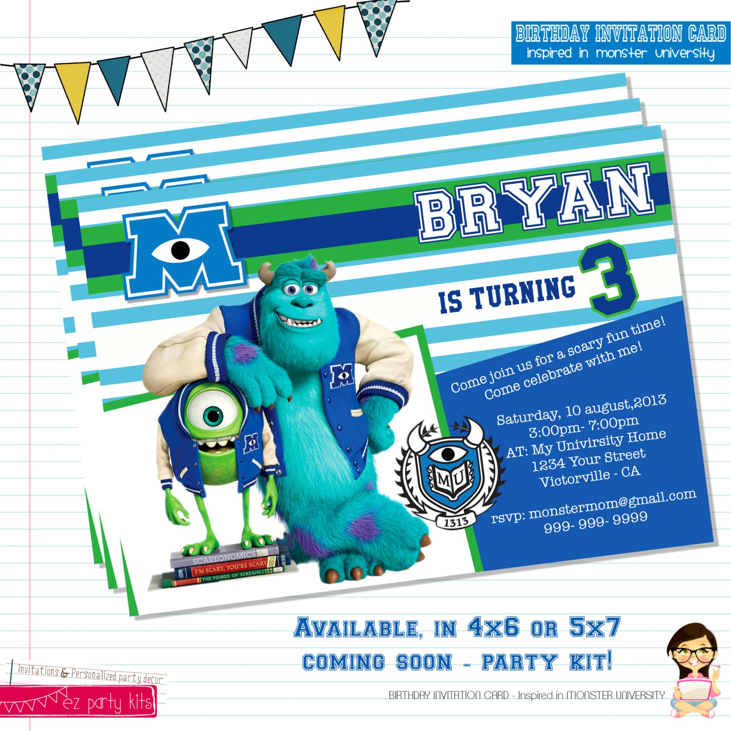 Monsters University Invitation Card Monsters INC By EZPARTYKITS