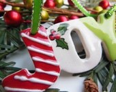 JOY Handmade Ceramic Christmas Ornament, Red, White, and Green Glazed Pottery Decoration with Holly, Candy Cane Striped Holiday Decoration - ThisOnesMineDesigns