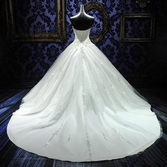 Sparkly  Custom Made Crystal Adorned Bridal Sweetheart Cathedral Train Ivory/White Ball Gown Wedding Dress
