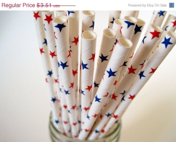 Cyber Week SALE 10% OFF 25 Red and Blue Stars Paper Straws - ships less than 24 hours Il_570xn