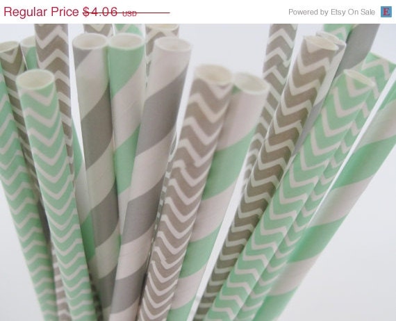 ON SALE 25 Mint and Grey Stripe and Chevron Paper Straw Mix - ships less than 24 hours Il_570xn