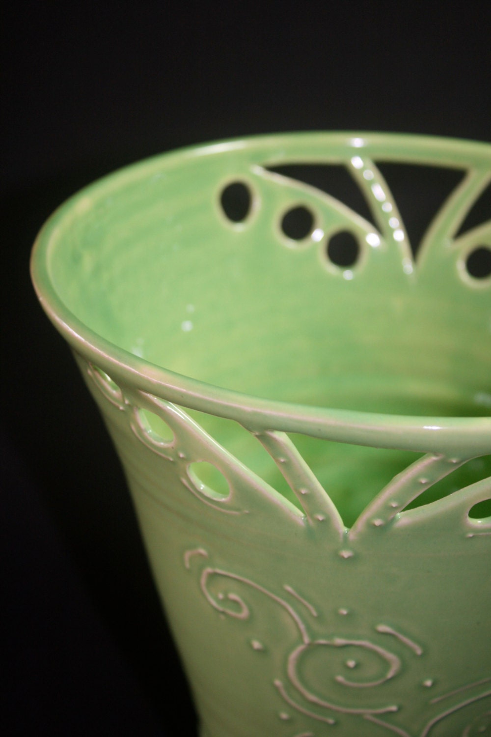 Spring Green vase with slip trailing and cut designs - DavidsWheel