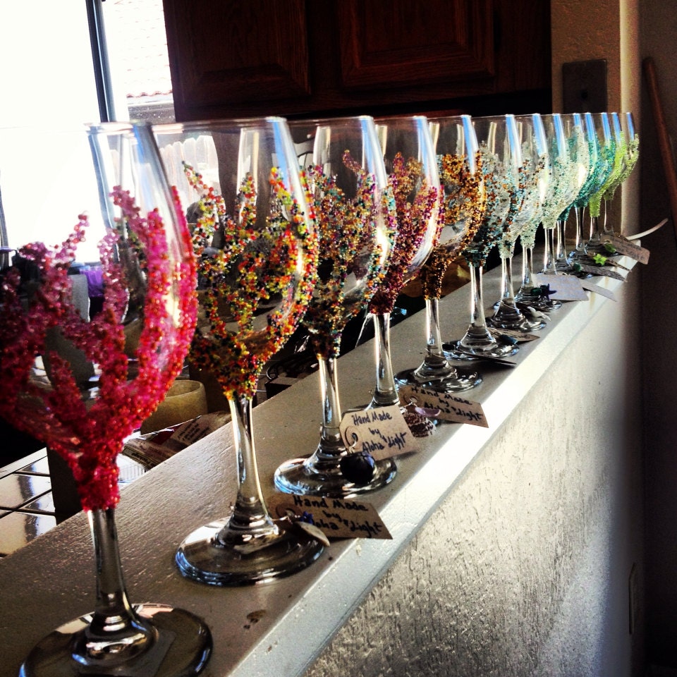 Items Similar To Hand Beaded Coral Wine Glasses Beachy Wine Glasses