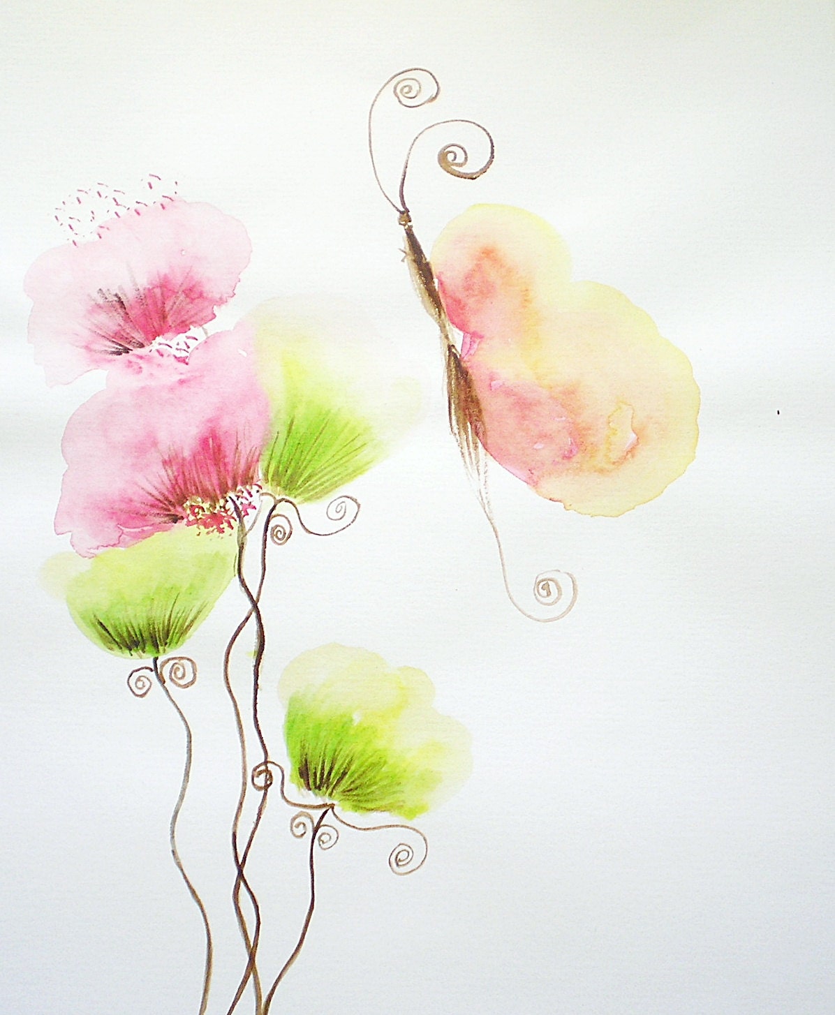 Flowers meeting Butterfly- watercolour mauve pink green painting - EcoshopbyT