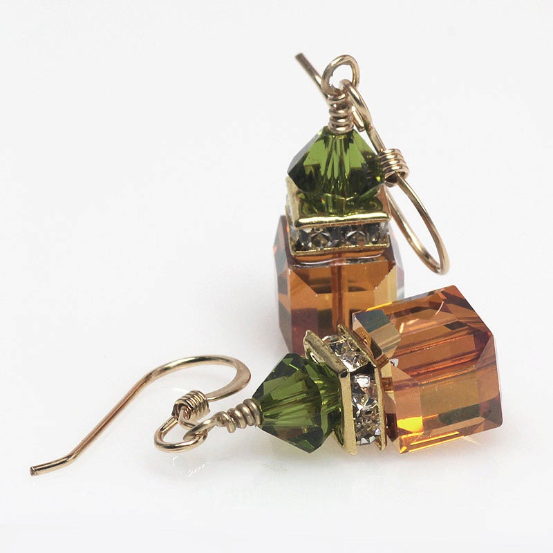 Swarovski Crystal Earrings, Fall, Autumn Earrings, Copper Crystal, Olivine, Green, Cubes, Dangle Earrings, Elandra Designs, Jewellery - ElandraDesigns