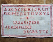 ORIGINAL VICTORIAN French name redwork antique girl's embroidery Sampler alphabet & numbers linen checked border signed great to frame! - victoriandainties