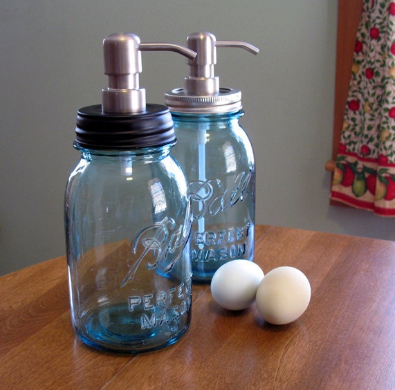 Ball Jar Soap Dispenser, Vintage Blue Quart Jar, Antique Mason Jar Soap Dispenser black or silver pump