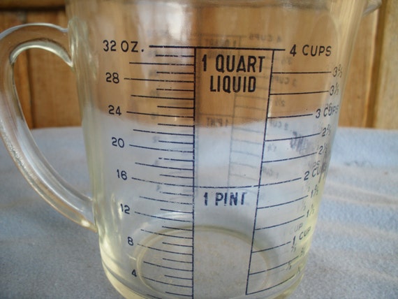 Vintage Fire King 4 Cup Measuring Cup Blue Writing Number 499 1 Quart