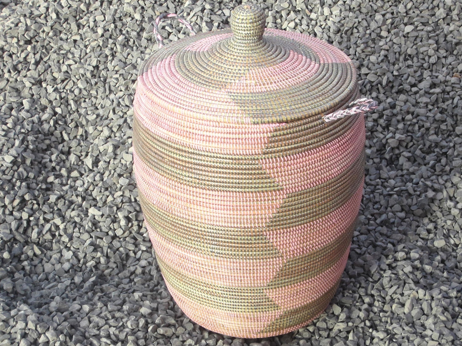 soft pink and grey laundry basket, chevron, rose and gray hamper, wicker, basket weaving, WÃ¤schekorb - africanbaskets