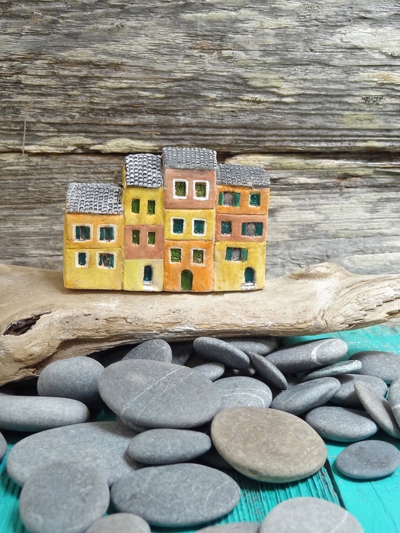 Miniature Italian fishermen row houses - Portofino - OOAK ceramic mini houses- handmade sculpture