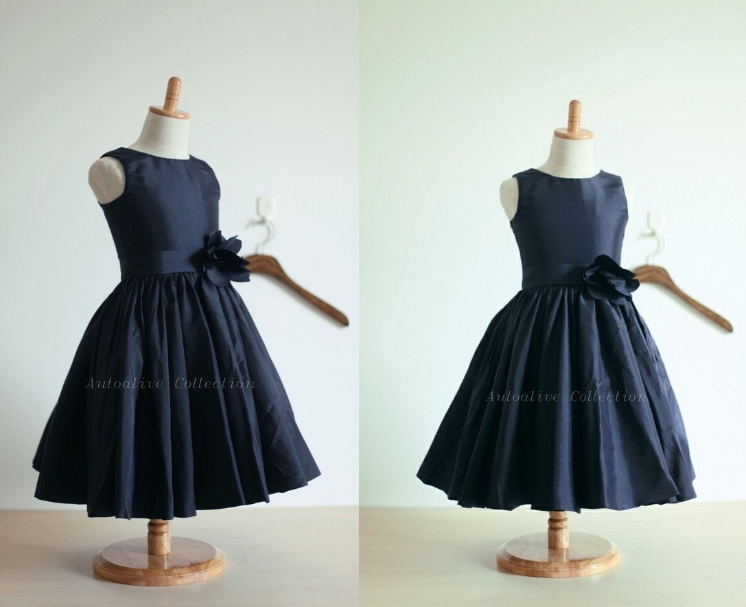 Navy Blue Taffeta Flower Girl Dress Infant Toddler by autoalive