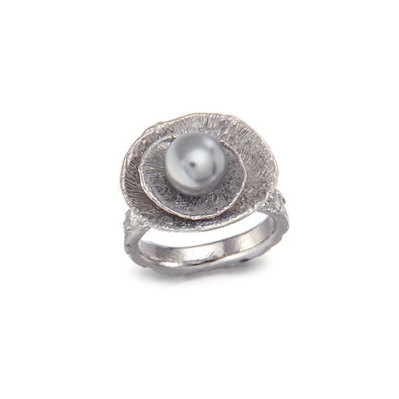 Lotus Pearl Ring in Sterling Silver, Pearl Rings, Grey Pearl, Silver ...