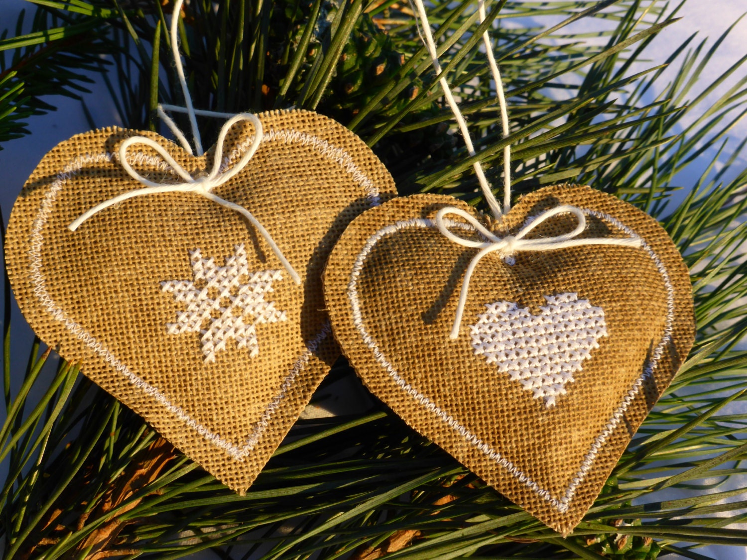 Two burlap hearts -Home Decor - cross stitch
