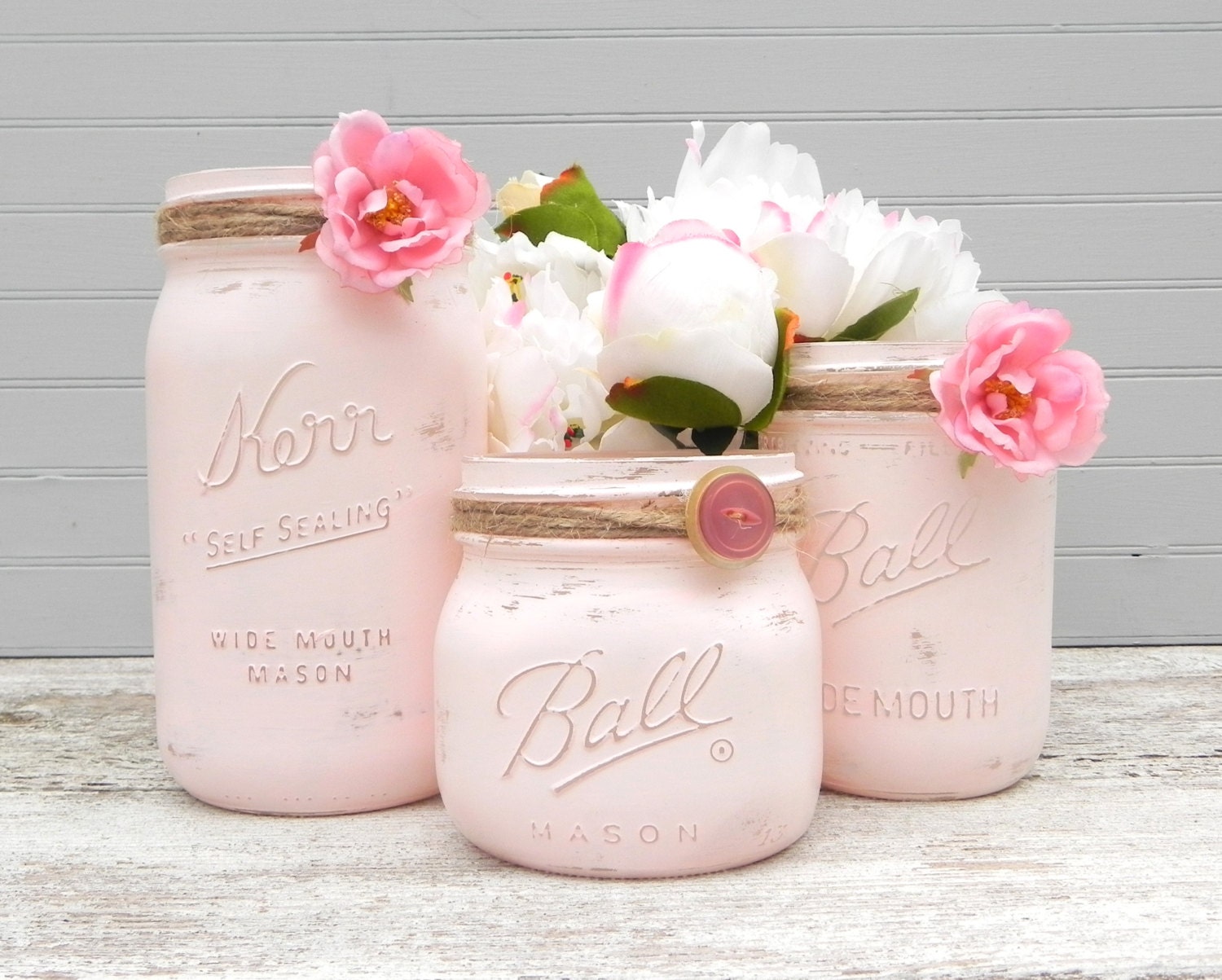 Shabby Chic Pink Mason Jars, Painted Mason Jars, Mason Jar Vases, Jars for Gifts, Weddings, Showers, Decor - GlassCastle2