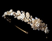 Gold bridal headband, Gold flower headband, Gold wedding headpiece, Bridal headpiece, Freshwater pearls - TheExquisiteBride