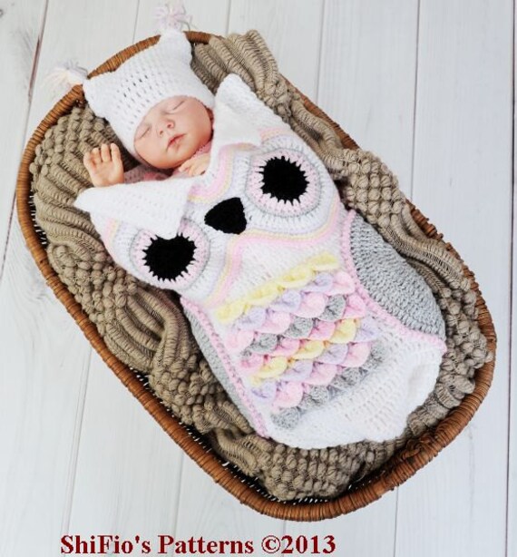 Baby Crochet Pattern Cocoon, Papoose, Hat Owl Crochet Pattern 3 Sizes DIGITAL DOWNLOAD  245