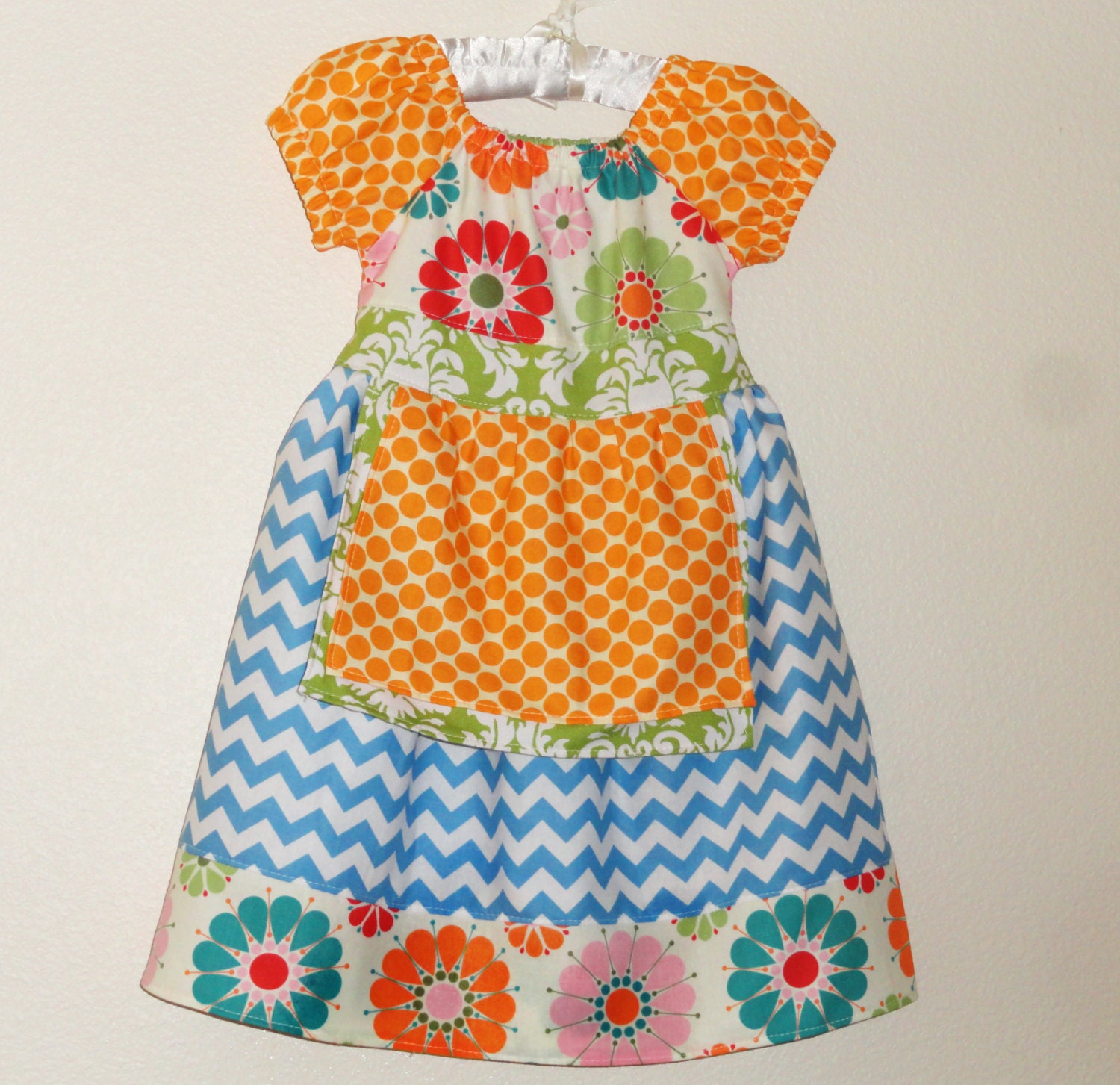 Girls Spring Peasant Dress with Ties Chevron stripes and dots - Amievoltaire