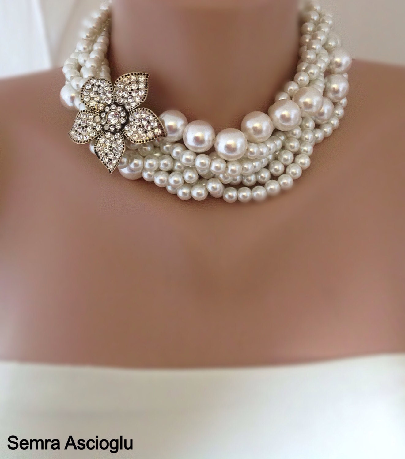 Chunky Layered Ivory Glass Pearl Necklace By HMbySemraAscioglu